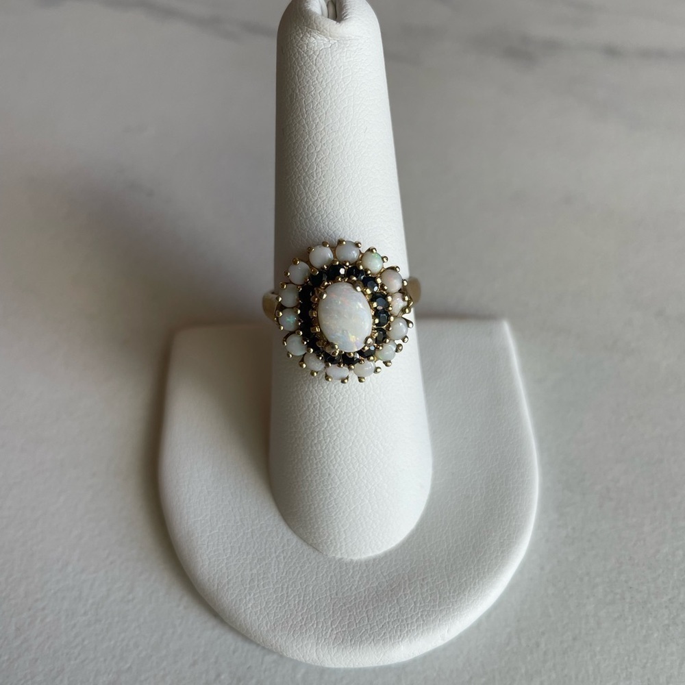 Opal Halo Cluster Cocktail Ring Blue Sapphire Vintage Size 7.5 8 Fessenden 925